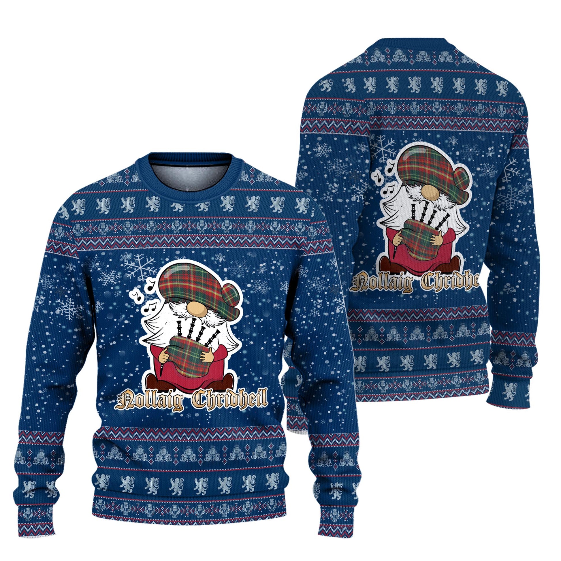 New Brunswick Province Canada Clan Christmas Family Knitted Sweater with Funny Gnome Playing Bagpipes Unisex Blue - Tartanvibesclothing