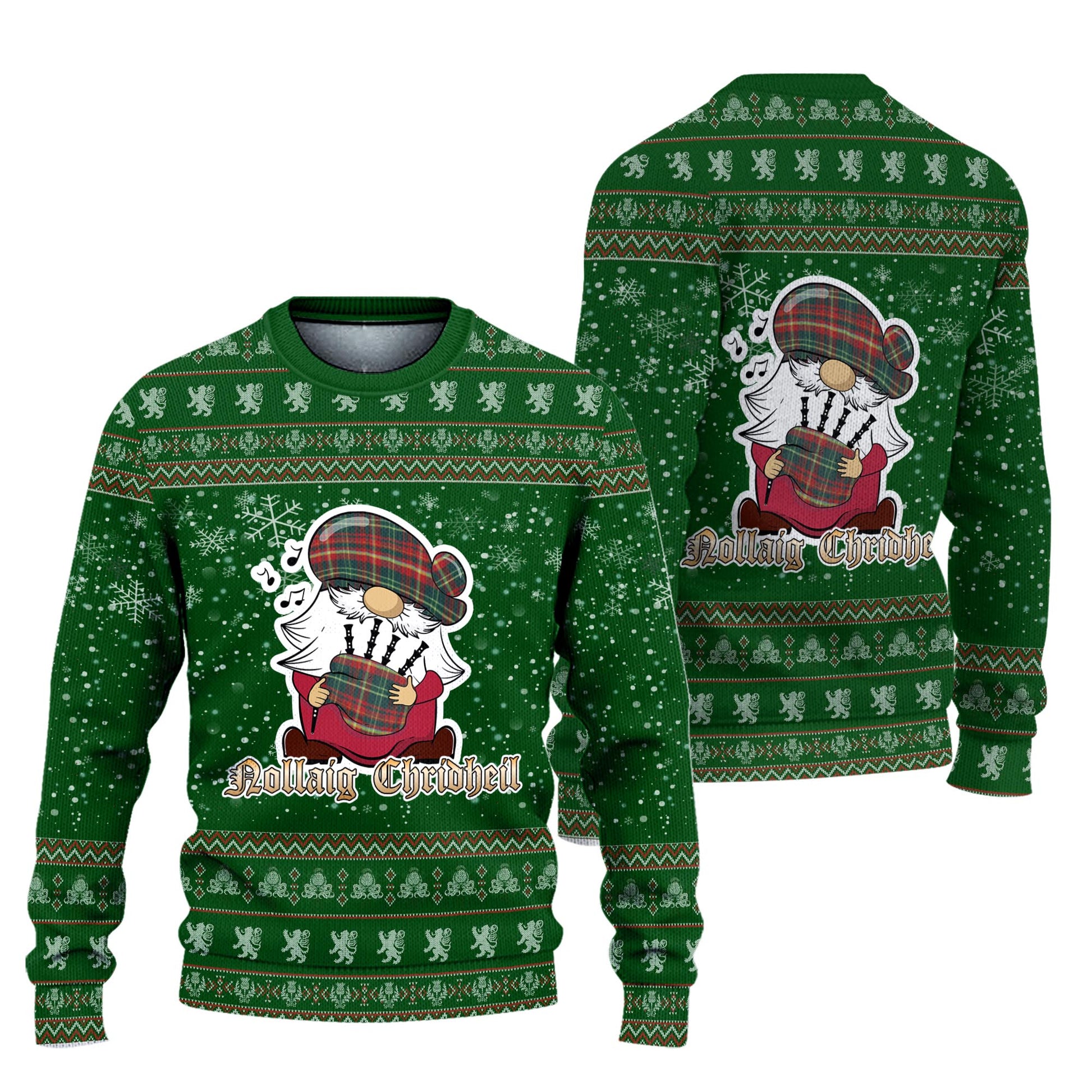 New Brunswick Province Canada Clan Christmas Family Knitted Sweater with Funny Gnome Playing Bagpipes Unisex Green - Tartanvibesclothing