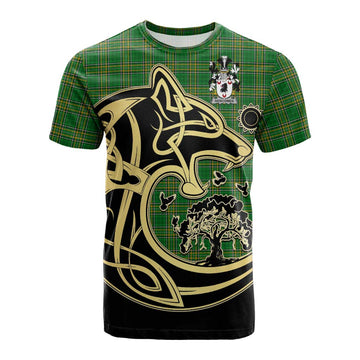 Newcomen Irish Tartan Cotton T-shirt with Coat of Arms Celtic Wolf Style