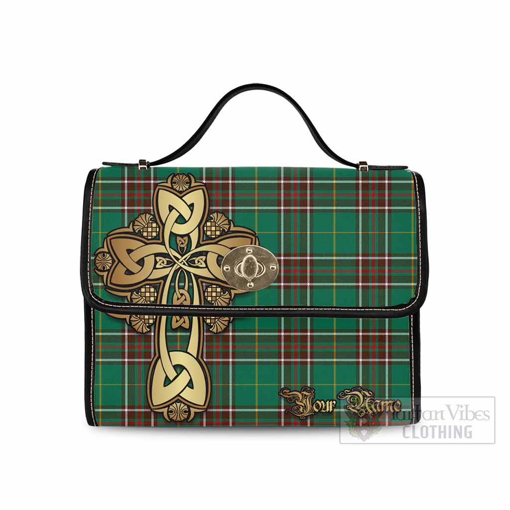 Tartan Vibes Clothing Newfoundland And Labrador Province Canada Tartan Waterproof Canvas Bag Golden Thistle Celtic Cross Style