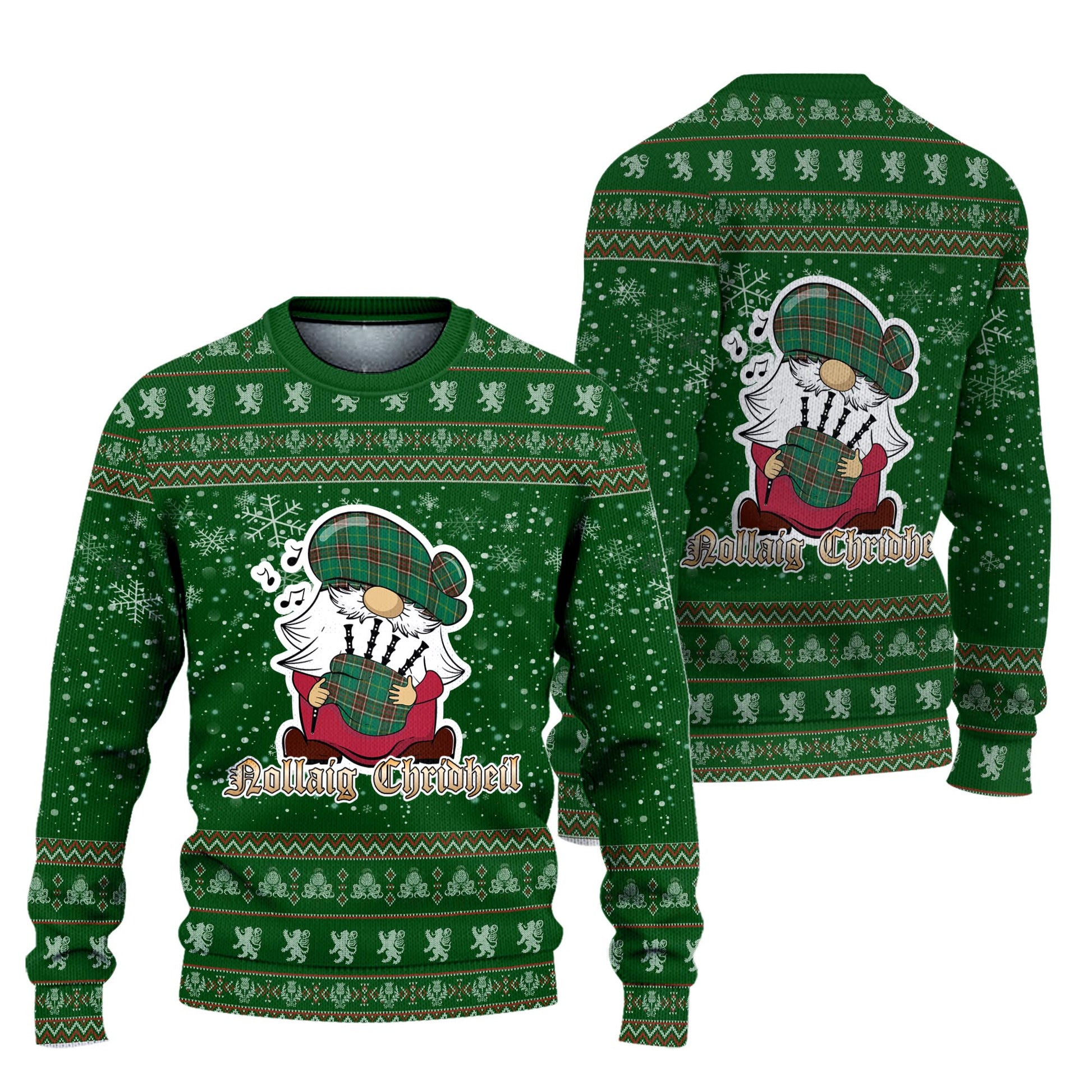 Newfoundland And Labrador Province Canada Clan Christmas Family Knitted Sweater with Funny Gnome Playing Bagpipes Unisex Green - Tartanvibesclothing