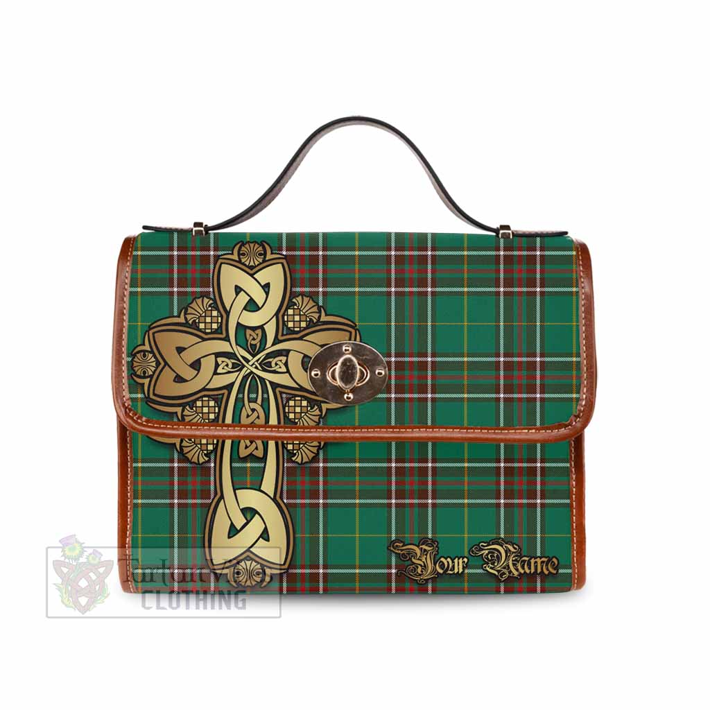 Tartan Vibes Clothing Newfoundland And Labrador Province Canada Tartan Waterproof Canvas Bag Golden Thistle Celtic Cross Style