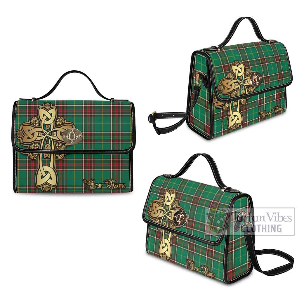 Tartan Vibes Clothing Newfoundland And Labrador Province Canada Tartan Waterproof Canvas Bag Golden Thistle Celtic Cross Style