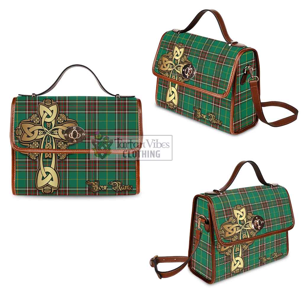 Tartan Vibes Clothing Newfoundland And Labrador Province Canada Tartan Waterproof Canvas Bag Golden Thistle Celtic Cross Style