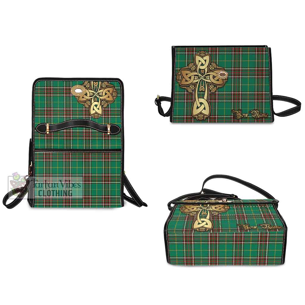 Tartan Vibes Clothing Newfoundland And Labrador Province Canada Tartan Waterproof Canvas Bag Golden Thistle Celtic Cross Style