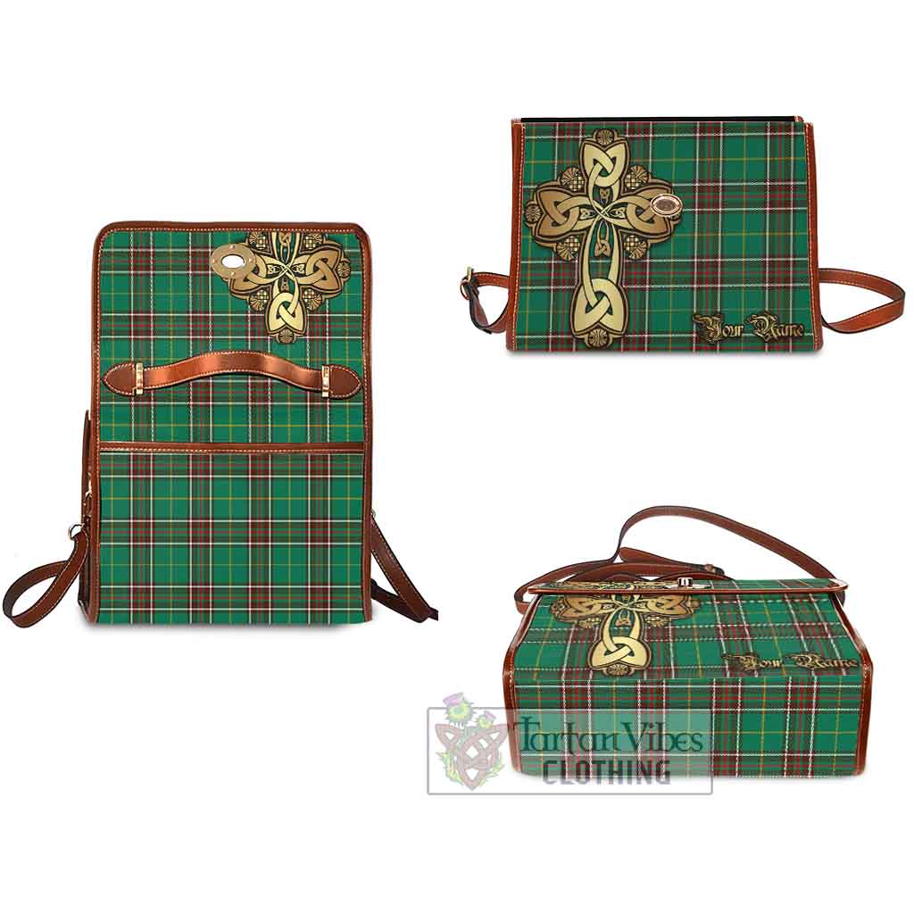 Tartan Vibes Clothing Newfoundland And Labrador Province Canada Tartan Waterproof Canvas Bag Golden Thistle Celtic Cross Style