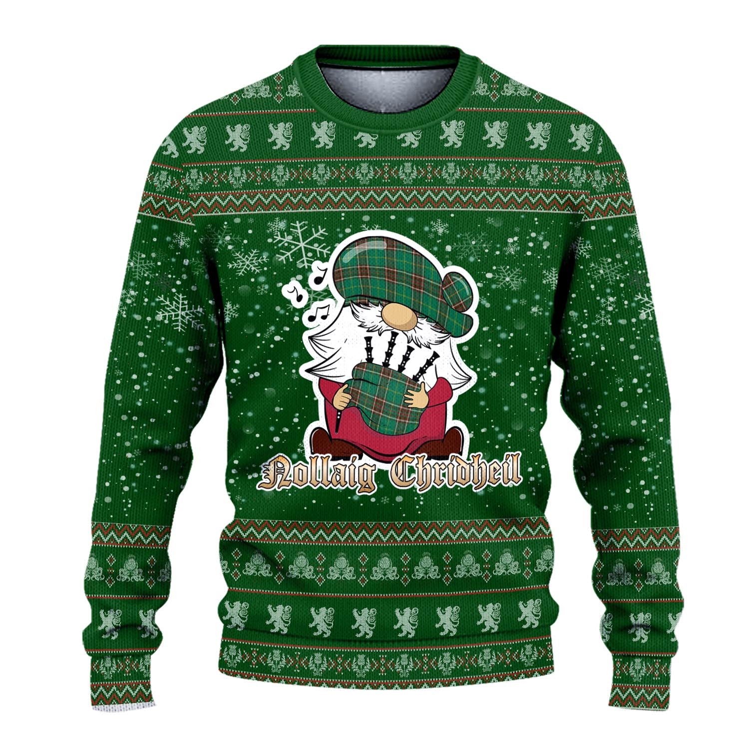 Newfoundland And Labrador Province Canada Clan Christmas Family Knitted Sweater with Funny Gnome Playing Bagpipes - Tartanvibesclothing