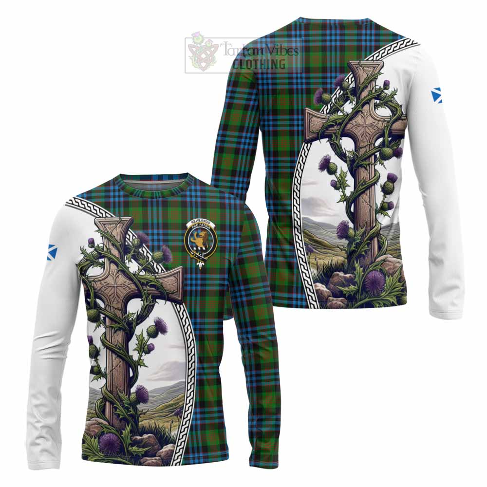 Tartan Vibes Clothing Newlands Tartan Long Sleeve T-Shirt with Family Crest and St. Andrew's Cross Accented by Thistle Vines