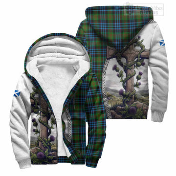 Newlands Tartan Sherpa Hoodie with Family Crest and St. Andrew's Cross Accented by Thistle Vines