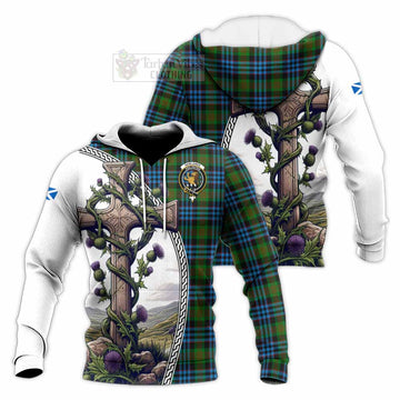 Newlands Tartan Knitted Hoodie with Family Crest and St. Andrew's Cross Accented by Thistle Vines