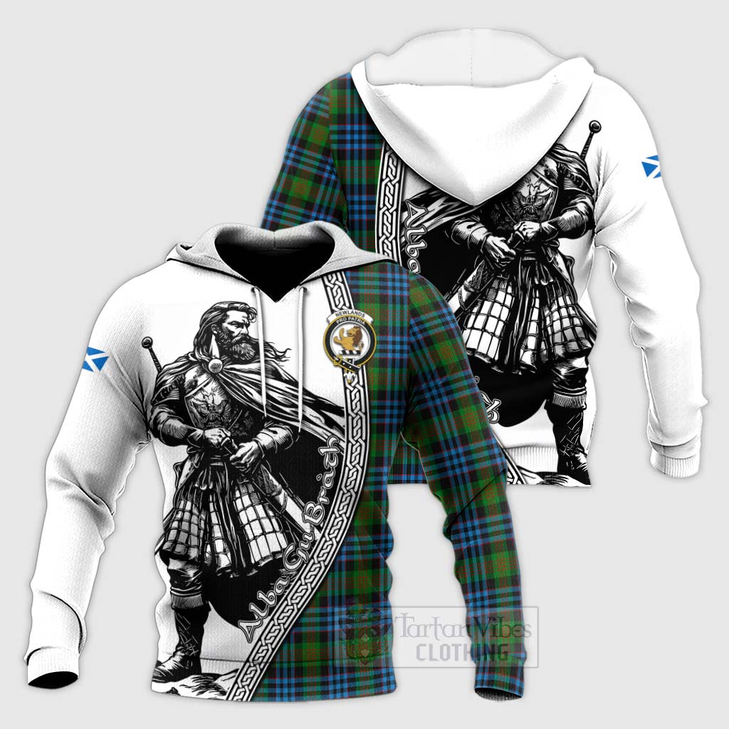 Tartan Vibes Clothing Newlands Tartan Clan Crest Knitted Hoodie with Highlander Warrior Celtic Style