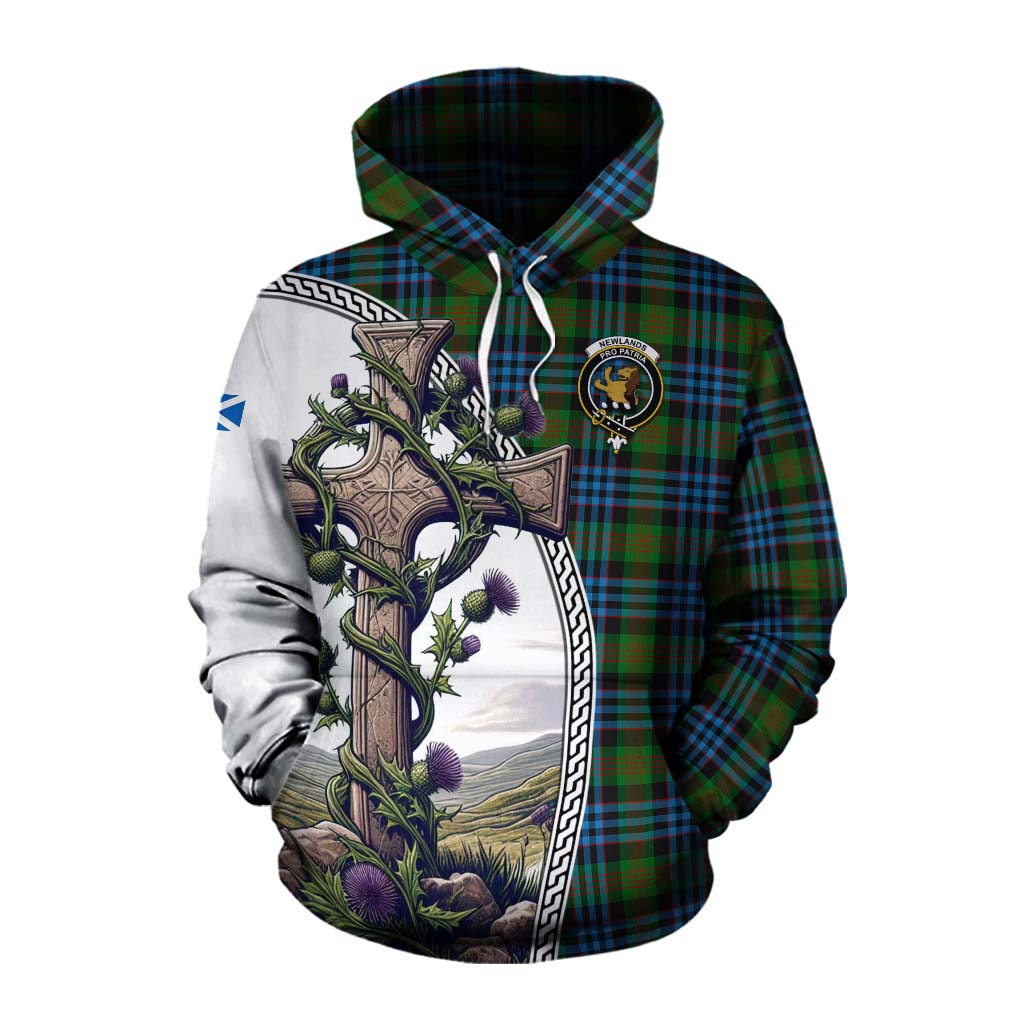 Tartan Vibes Clothing Newlands Tartan Cotton Hoodie with Family Crest and St. Andrew's Cross Accented by Thistle Vines