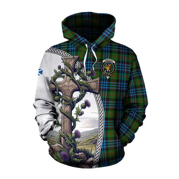 Newlands Tartan Cotton Hoodie with Family Crest and St. Andrew's Cross Accented by Thistle Vines