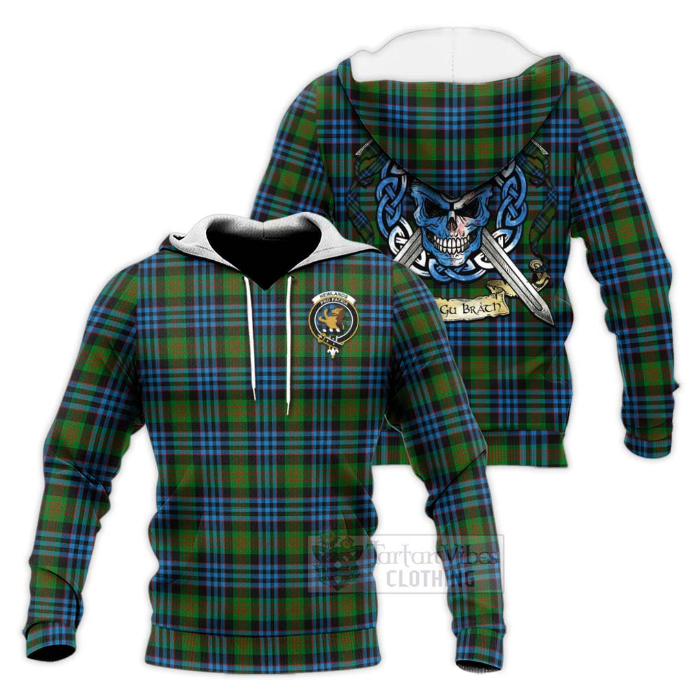 Tartan Vibes Clothing Newlands Tartan Knitted Hoodie with Family Crest Celtic Skull Style