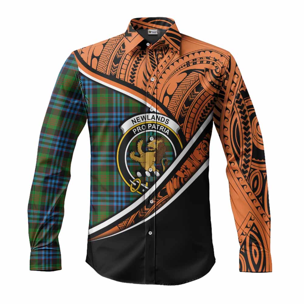 Tartan Vibes Clothing Newlands Crest Tartan Long Sleeve Button Shirt with Maori Tattoo Style - Orange Version