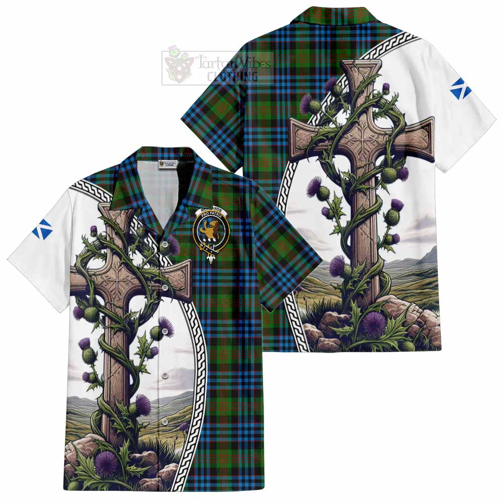 Tartan Vibes Clothing Newlands Tartan Short Sleeve Button Shirt with Family Crest and St. Andrew's Cross Accented by Thistle Vines