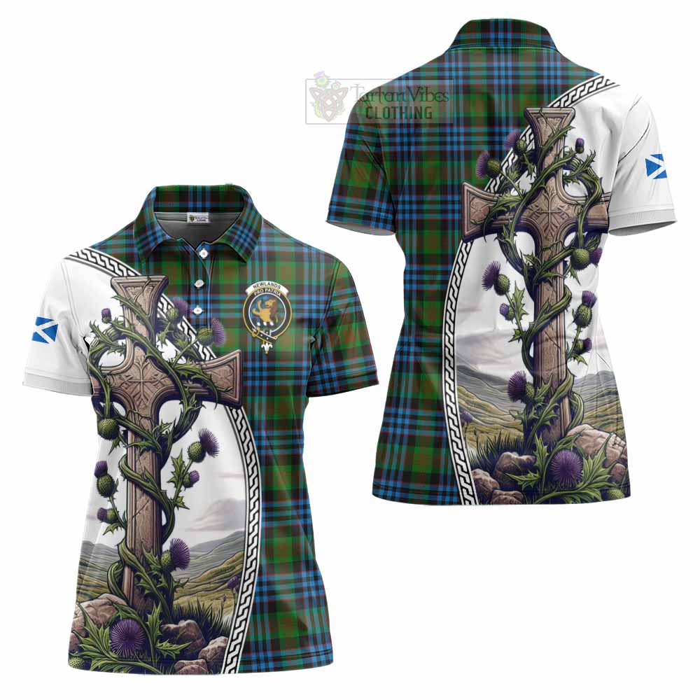 Tartan Vibes Clothing Newlands Tartan Women's Polo Shirt with Family Crest and St. Andrew's Cross Accented by Thistle Vines