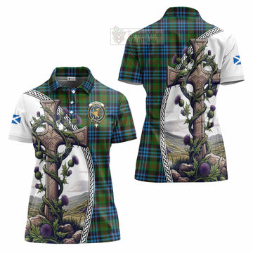 Newlands Tartan Women's Polo Shirt with Family Crest and St. Andrew's Cross Accented by Thistle Vines