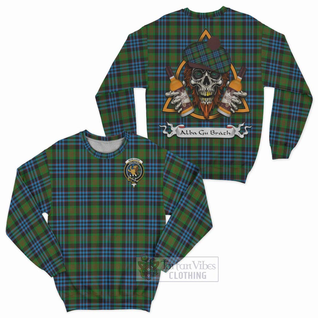 Tartan Vibes Clothing Newlands Tartan Sweatshirt with Family Crest and Bearded Skull Holding Bottles of Whiskey