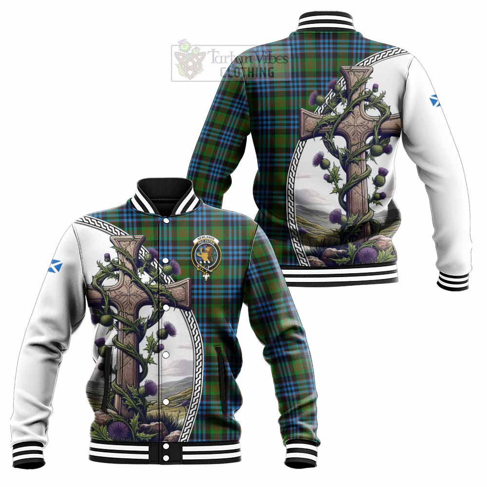 Tartan Vibes Clothing Newlands Tartan Baseball Jacket with Family Crest and St. Andrew's Cross Accented by Thistle Vines