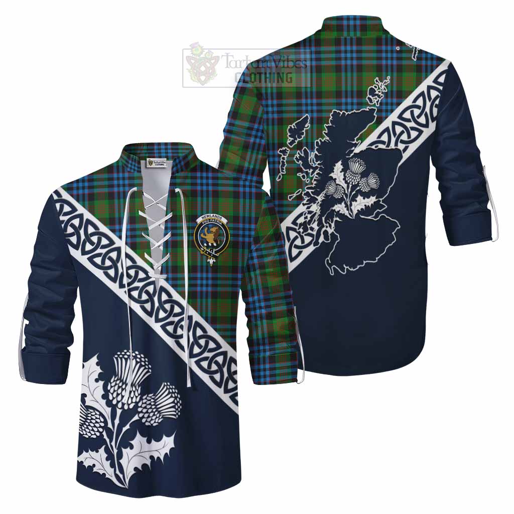 Tartan Vibes Clothing Newlands Tartan Ghillie Kilt Shirt Featuring Thistle and Scotland Map