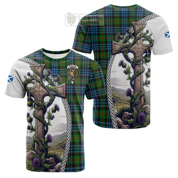 Newlands Tartan Cotton T-shirt with Family Crest and St. Andrew's Cross Accented by Thistle Vines