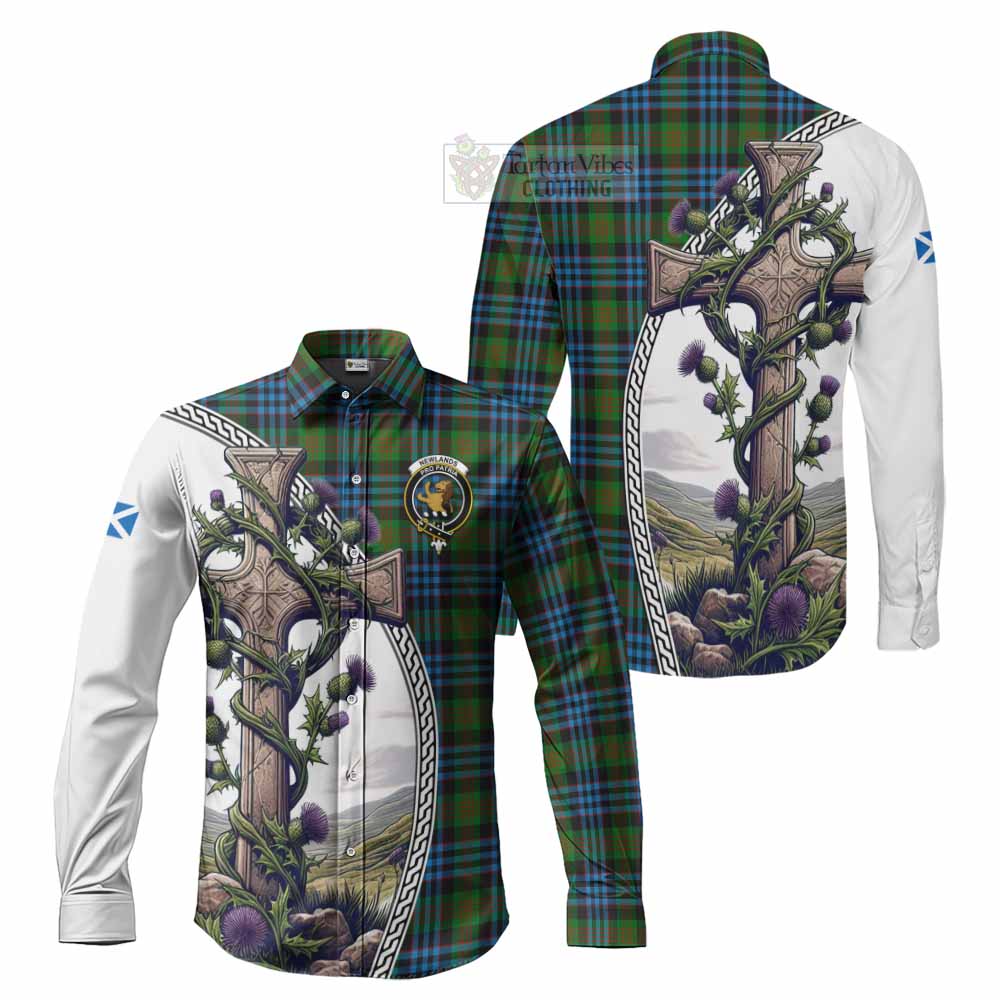 Tartan Vibes Clothing Newlands Tartan Long Sleeve Button Shirt with Family Crest and St. Andrew's Cross Accented by Thistle Vines