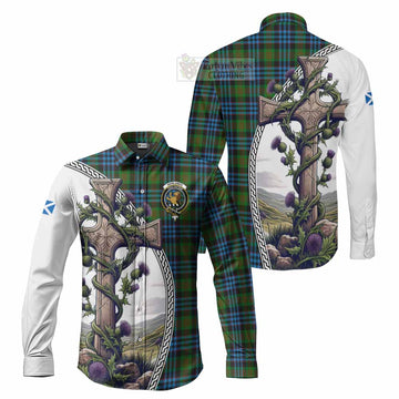 Newlands Tartan Long Sleeve Button Shirt with Family Crest and St. Andrew's Cross Accented by Thistle Vines