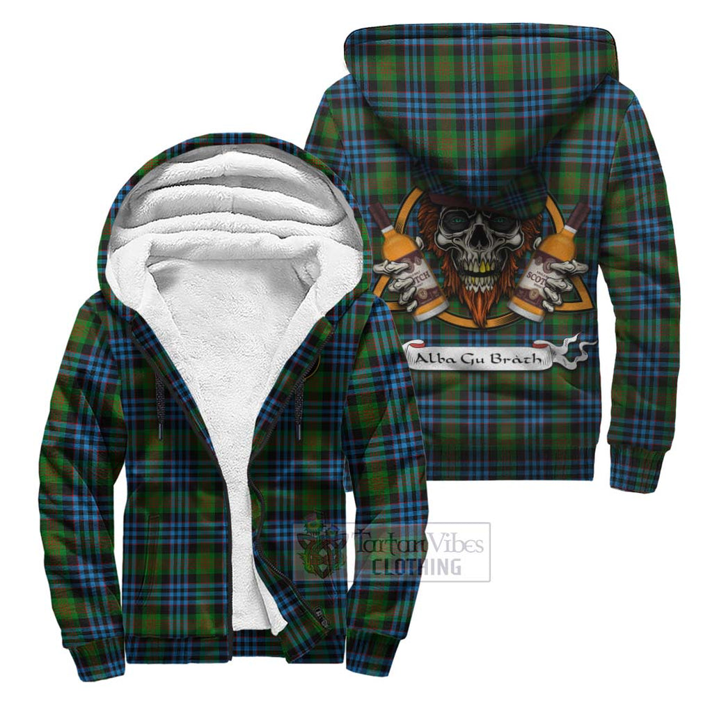 Tartan Vibes Clothing Newlands Tartan Sherpa Hoodie with Family Crest and Bearded Skull Holding Bottles of Whiskey