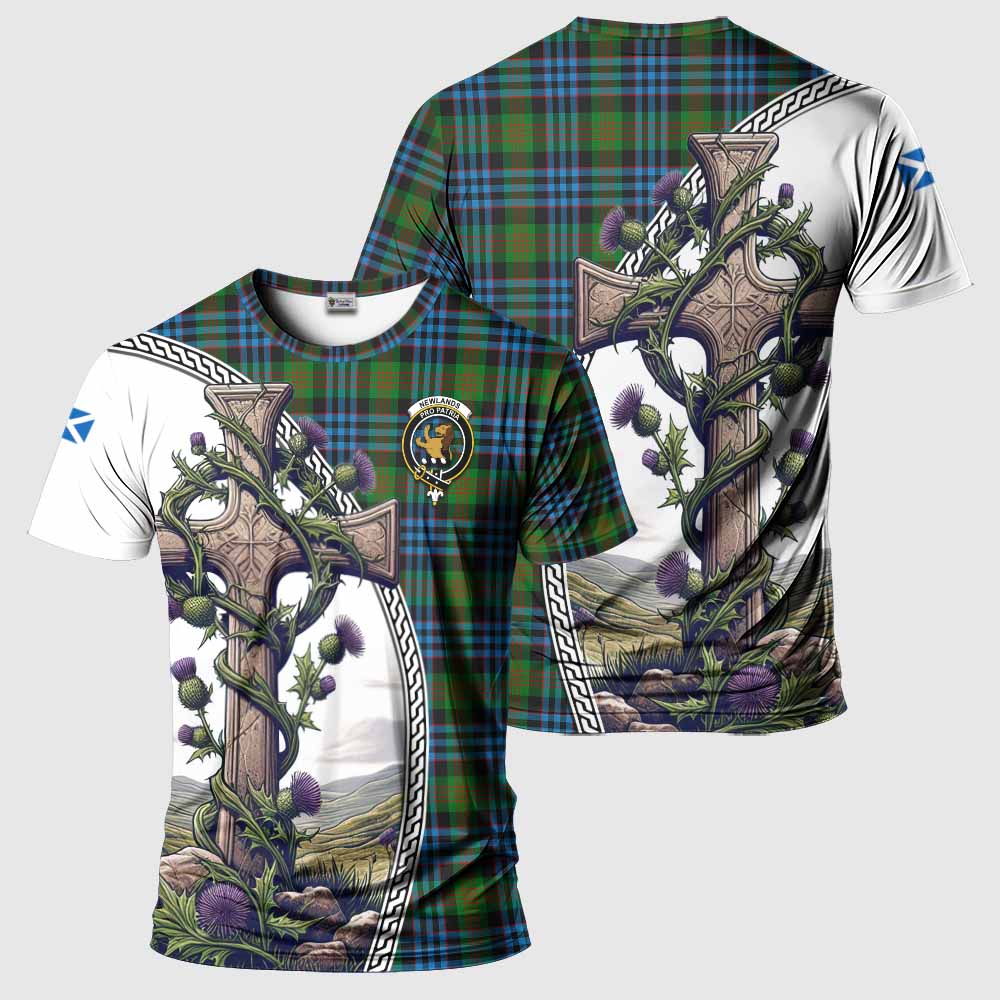 Tartan Vibes Clothing Newlands Agnew Tartan T-Shirt with Family Crest and St. Andrew's Cross Accented by Thistle Vines