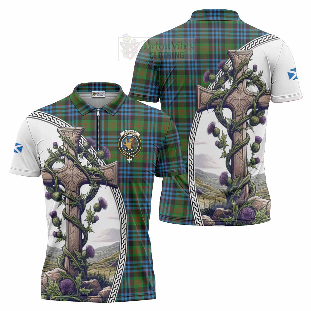 Tartan Vibes Clothing Newlands Tartan Zipper Polo Shirt with Family Crest and St. Andrew's Cross Accented by Thistle Vines