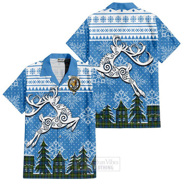 Newlands Clan Christmas Short Sleeve Button Shirt Celtic Reindeer Style