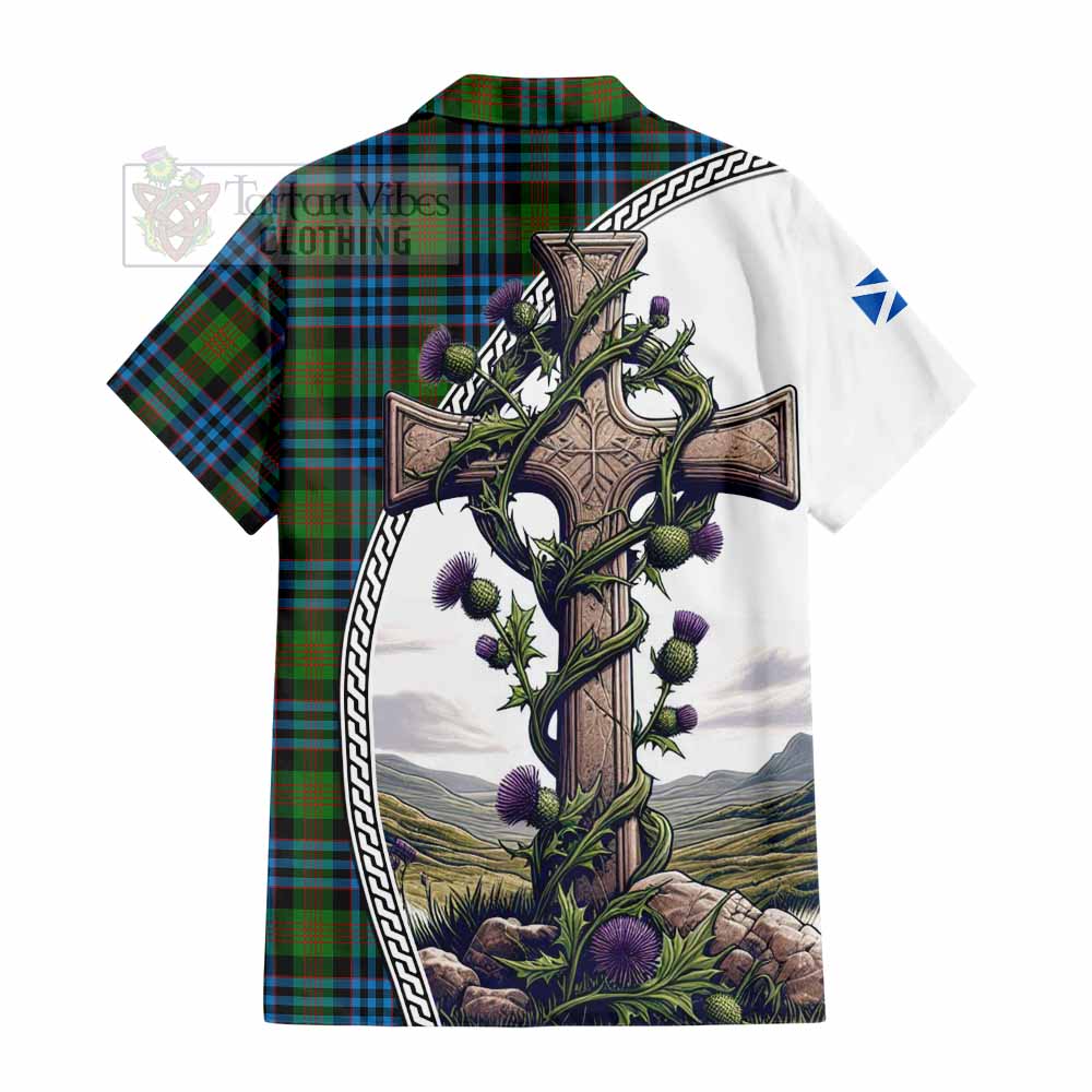 Tartan Vibes Clothing Newlands Tartan Short Sleeve Button Shirt with Family Crest and St. Andrew's Cross Accented by Thistle Vines