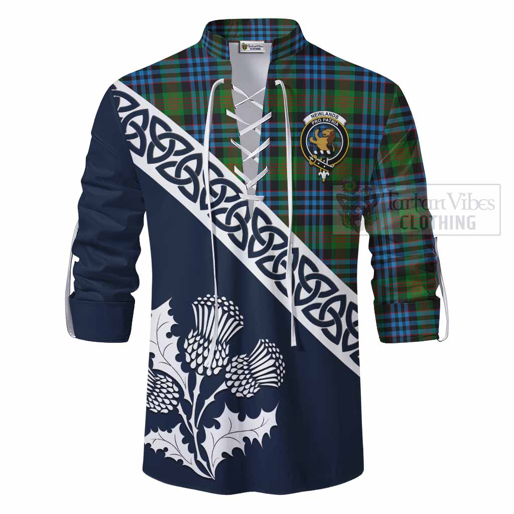 Tartan Vibes Clothing Newlands Tartan Ghillie Kilt Shirt Featuring Thistle and Scotland Map