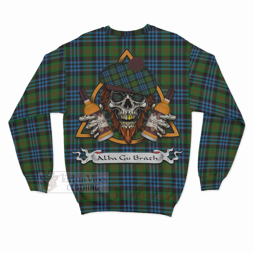 Tartan Vibes Clothing Newlands Tartan Sweatshirt with Family Crest and Bearded Skull Holding Bottles of Whiskey