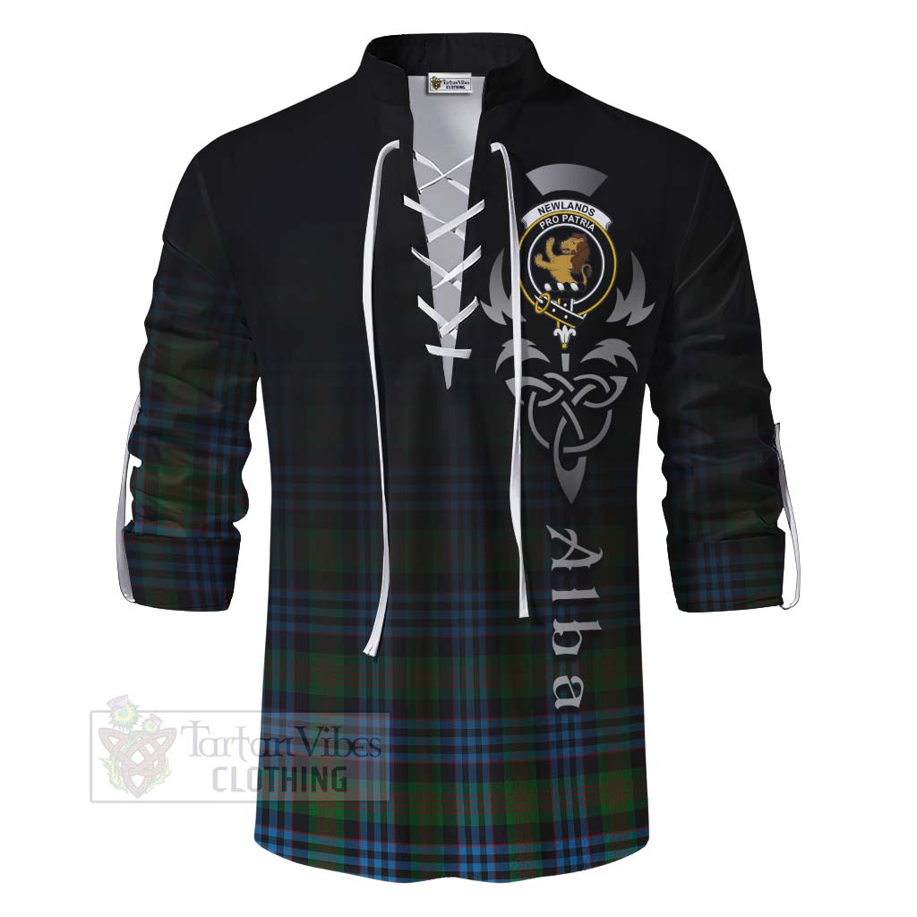 Tartan Vibes Clothing Newlands Tartan Ghillie Kilt Shirt Featuring Alba Gu Brath Family Crest Celtic Inspired