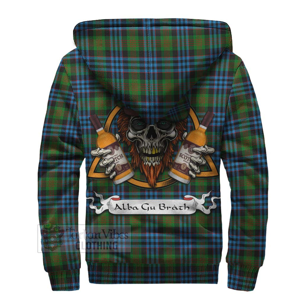 Tartan Vibes Clothing Newlands Tartan Sherpa Hoodie with Family Crest and Bearded Skull Holding Bottles of Whiskey