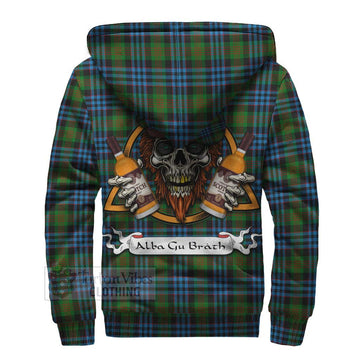 Newlands Tartan Sherpa Hoodie with Family Crest and Bearded Skull Holding Bottles of Whiskey