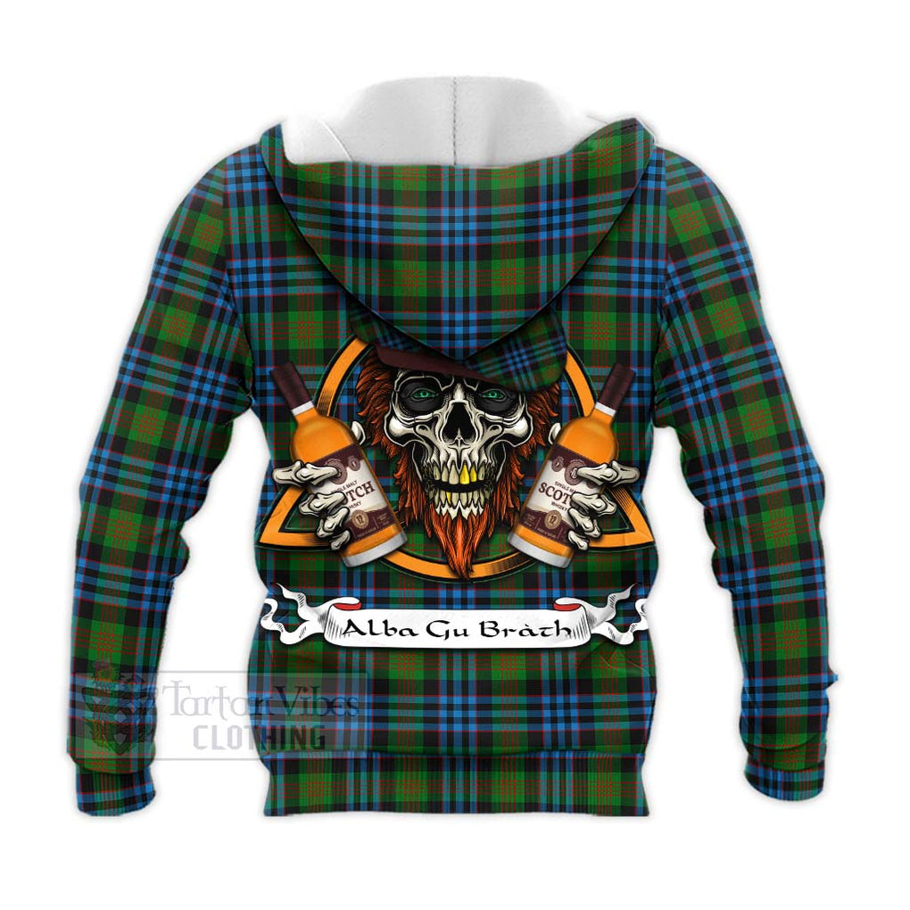 Tartan Vibes Clothing Newlands Tartan Knitted Hoodie with Family Crest and Bearded Skull Holding Bottles of Whiskey