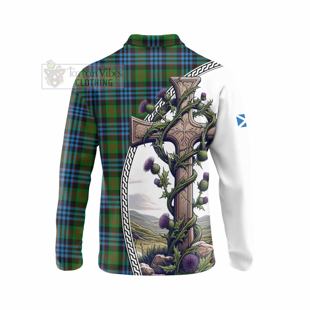 Tartan Vibes Clothing Newlands Tartan Long Sleeve Polo Shirt with Family Crest and St. Andrew's Cross Accented by Thistle Vines