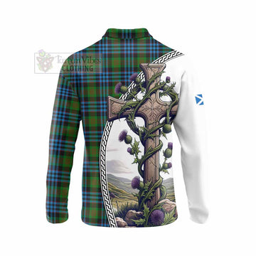 Newlands Tartan Long Sleeve Polo Shirt with Family Crest and St. Andrew's Cross Accented by Thistle Vines