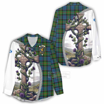 Newlands Tartan Women's Casual Shirt with Family Crest and St. Andrew's Cross Accented by Thistle Vines