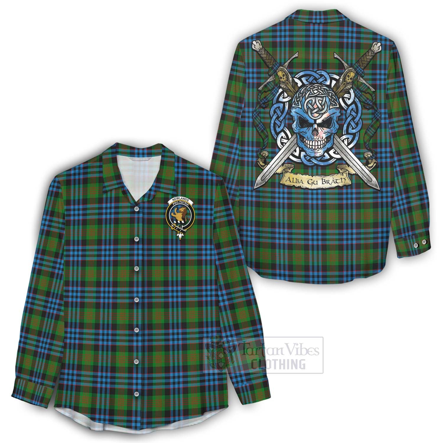 Tartan Vibes Clothing Newlands Tartan Women's Casual Shirt with Family Crest Celtic Skull Style