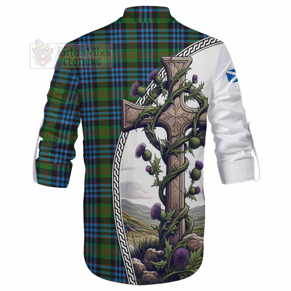 Tartan Vibes Clothing Newlands Tartan Ghillie Kilt Shirt with Family Crest and St. Andrew's Cross Accented by Thistle Vines