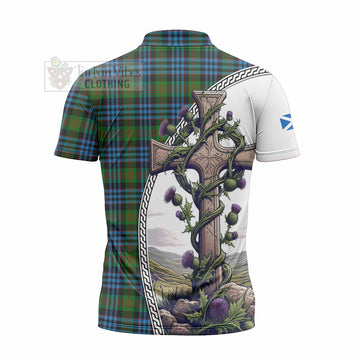 Newlands Tartan Zipper Polo Shirt with Family Crest and St. Andrew's Cross Accented by Thistle Vines