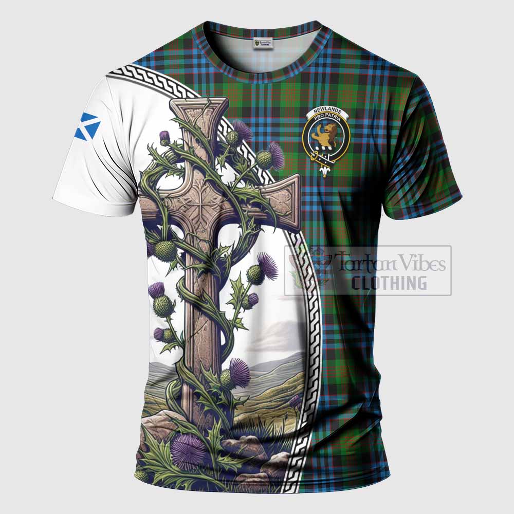 Tartan Vibes Clothing Newlands Agnew Tartan T-Shirt with Family Crest and St. Andrew's Cross Accented by Thistle Vines