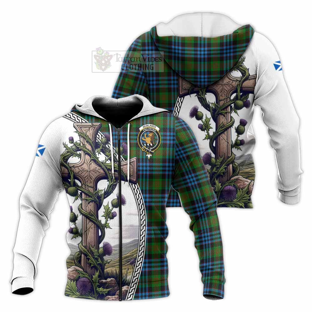 Tartan Vibes Clothing Newlands Tartan Knitted Hoodie with Family Crest and St. Andrew's Cross Accented by Thistle Vines