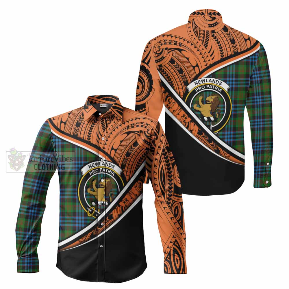 Tartan Vibes Clothing Newlands Crest Tartan Long Sleeve Button Shirt with Maori Tattoo Style - Orange Version