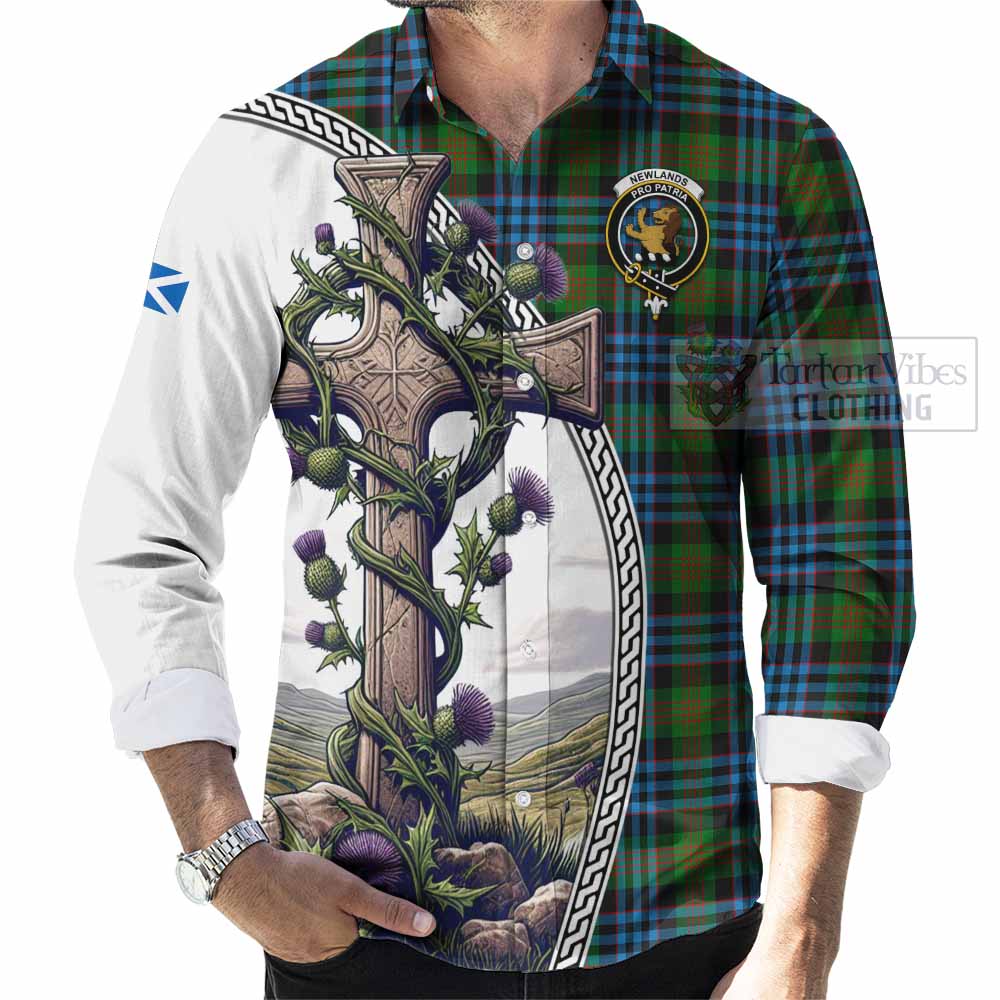 Tartan Vibes Clothing Newlands Tartan Long Sleeve Button Shirt with Family Crest and St. Andrew's Cross Accented by Thistle Vines