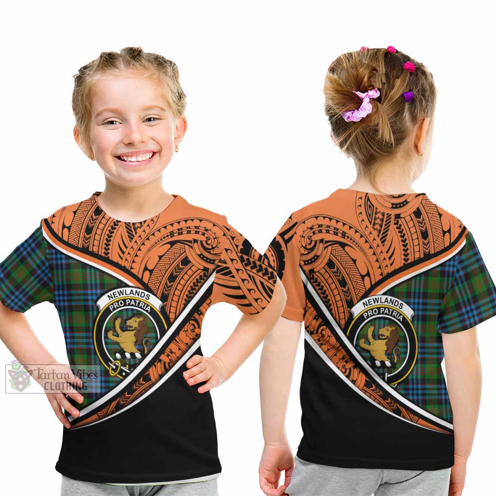 Tartan Vibes Clothing Newlands Crest Tartan Kid T-Shirt with Maori Tattoo Style - Orange Version